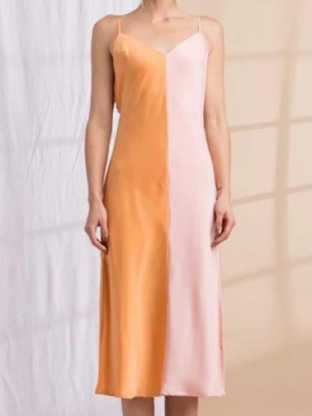 Lena Two-Tone Slip Midi Dress in Peach & Blush